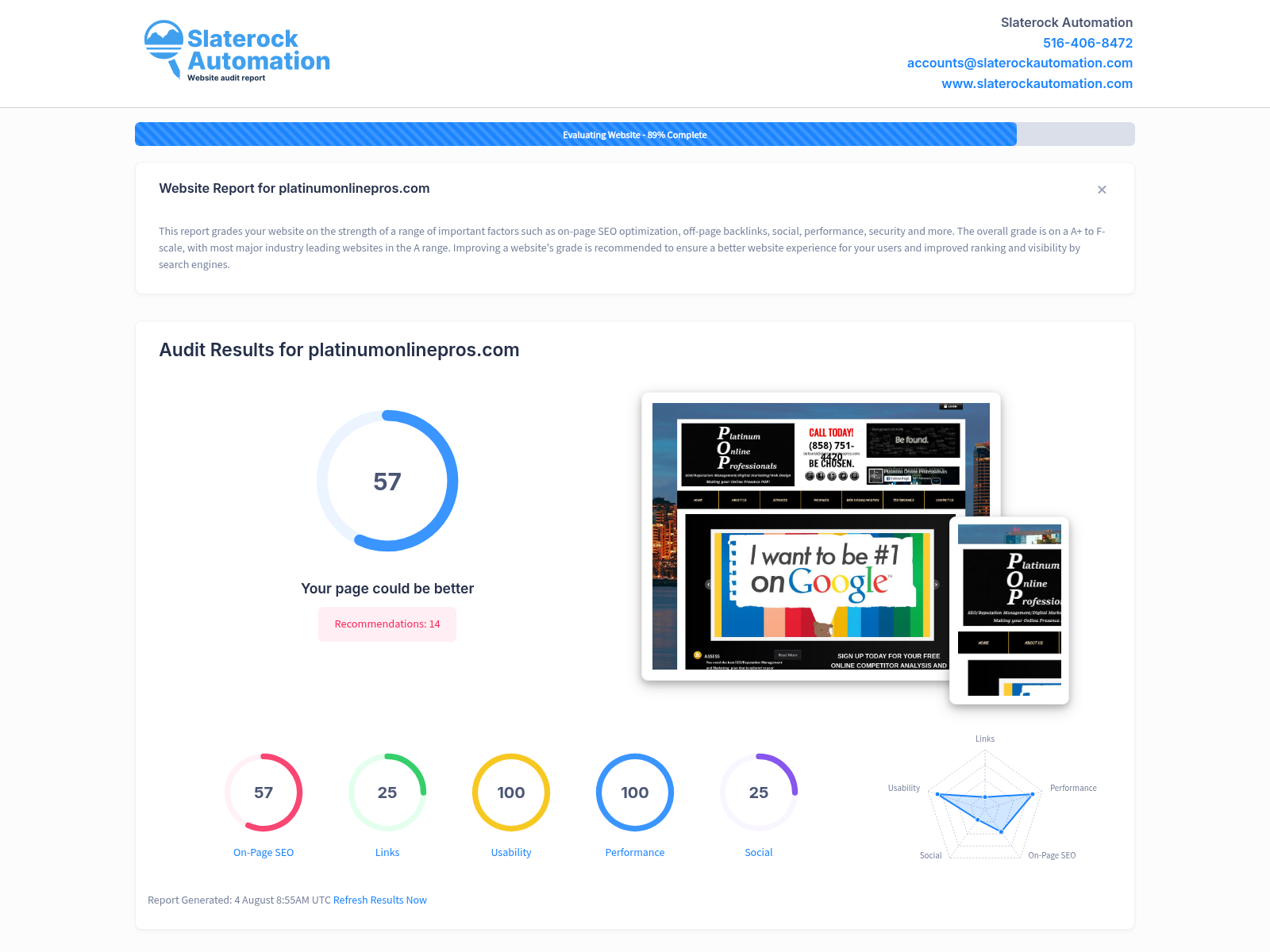 Screenshot of a detailed website audit showcasing SEO ranking factors and performance metrics.