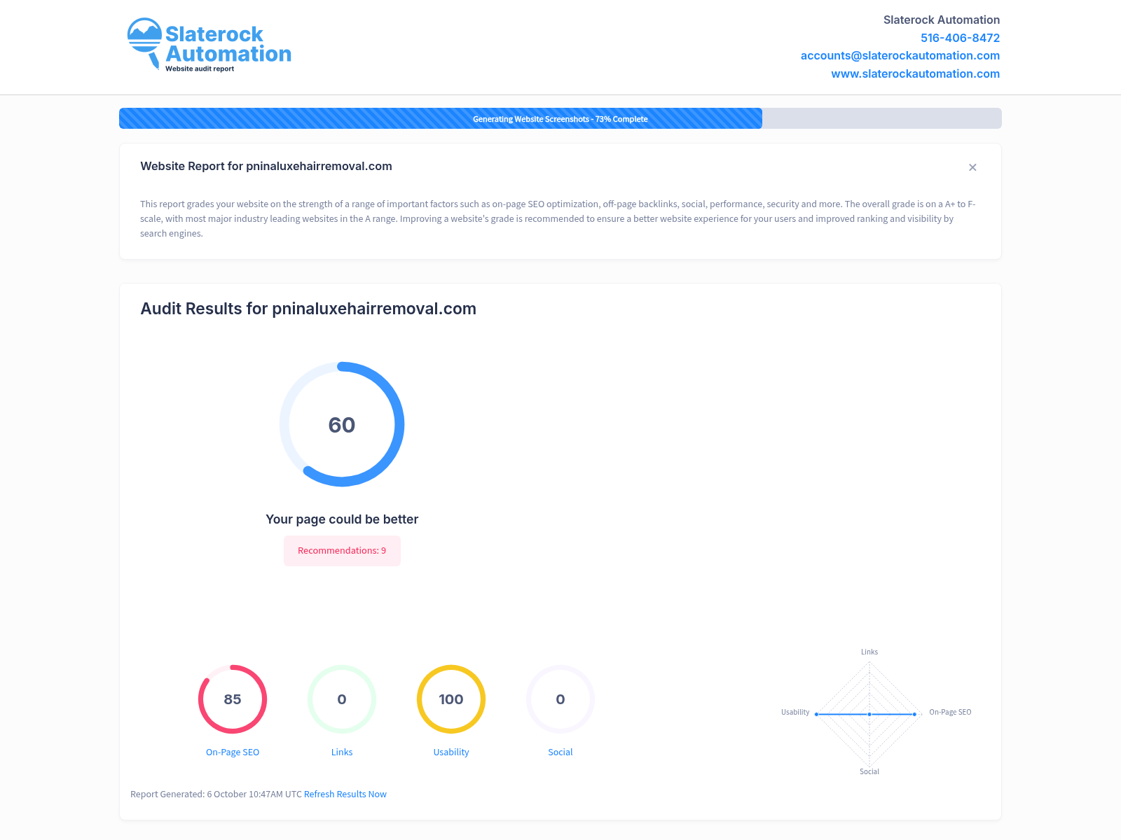 Screenshot of a website audit showing performance metrics for Pnina Luxe Hair Removal site.