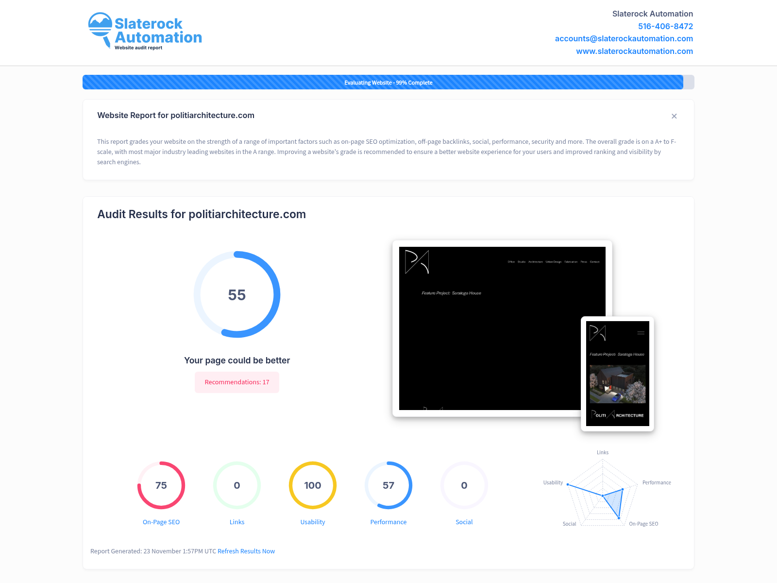 Screenshot of Politi Architecture website audit showcasing design excellence and client testimonials.
