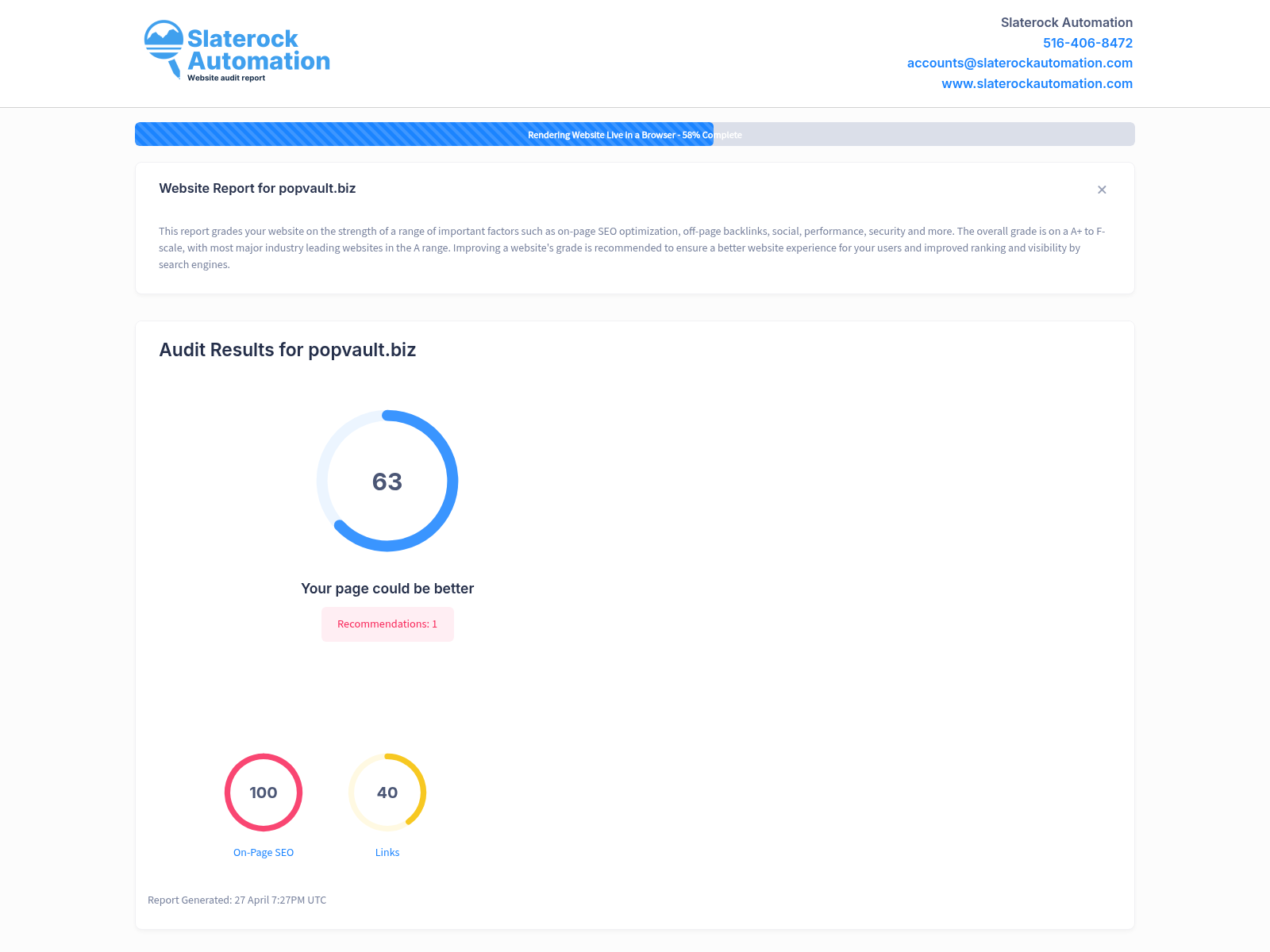 Screenshot of the website audit for Pop Vault showcasing site performance and SEO optimization.