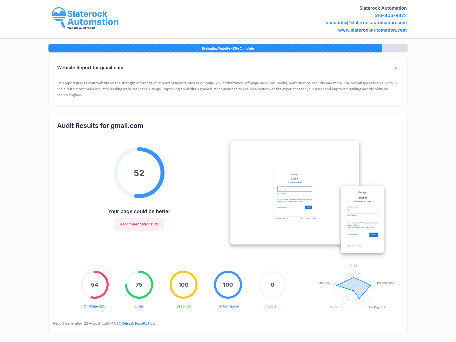A screenshot showcasing the website audit results for Postal Unlimited Plus, highlighting its strong performance in SEO and user experience.