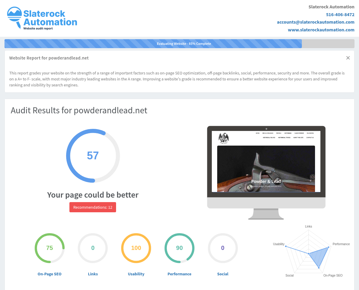Screenshot of the Powder & Lead website audit showing performance metrics and optimization insights.