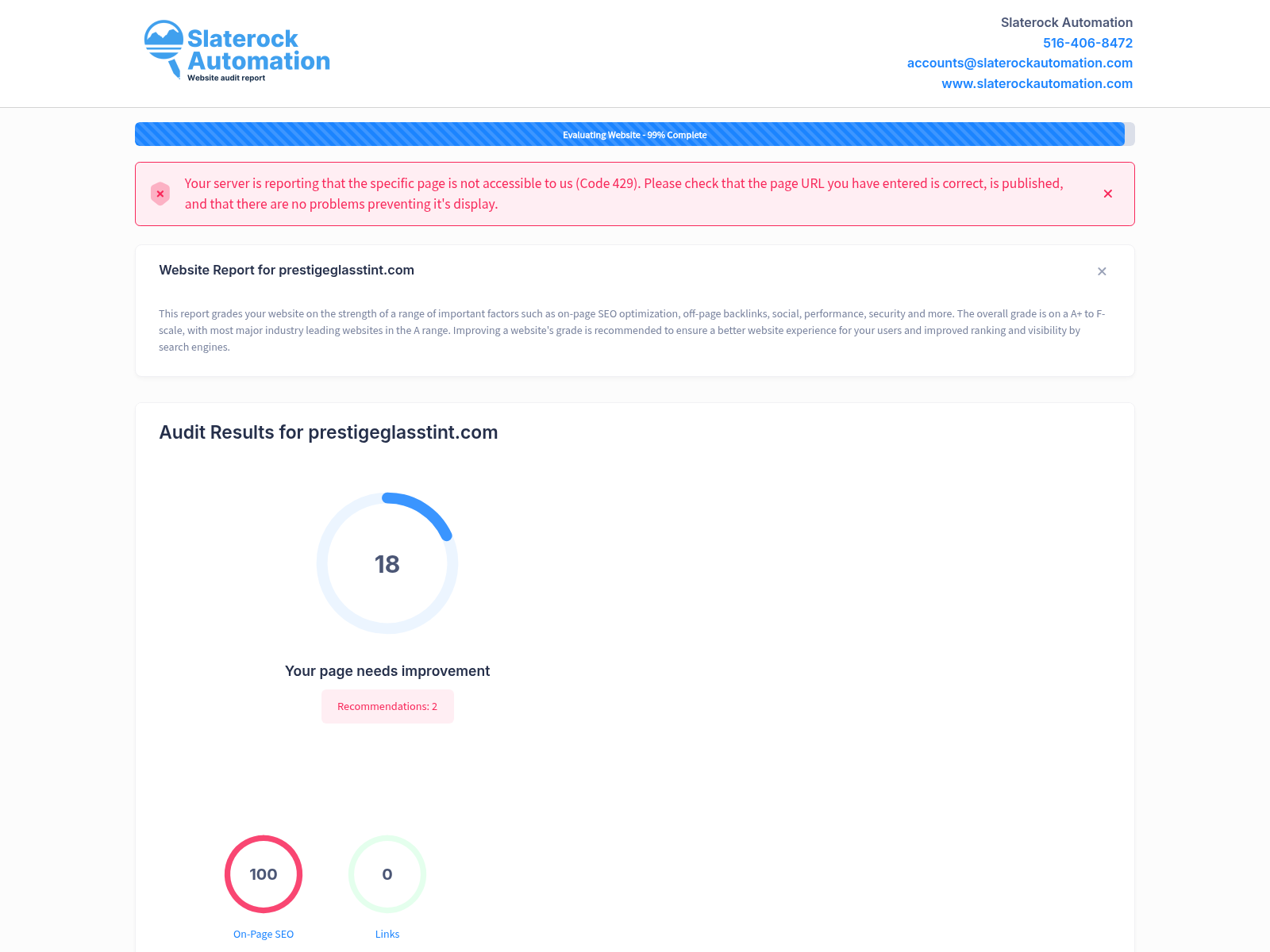 Screenshot showcasing the website audit of Prestige Glass Tint, highlighting performance metrics and SEO optimizations.