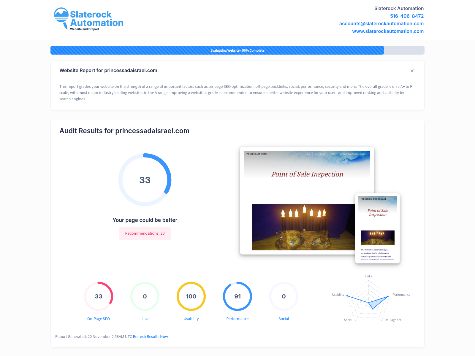 Screenshot of website audit for Princess Ada Israel showing positive reviews and SEO performance.