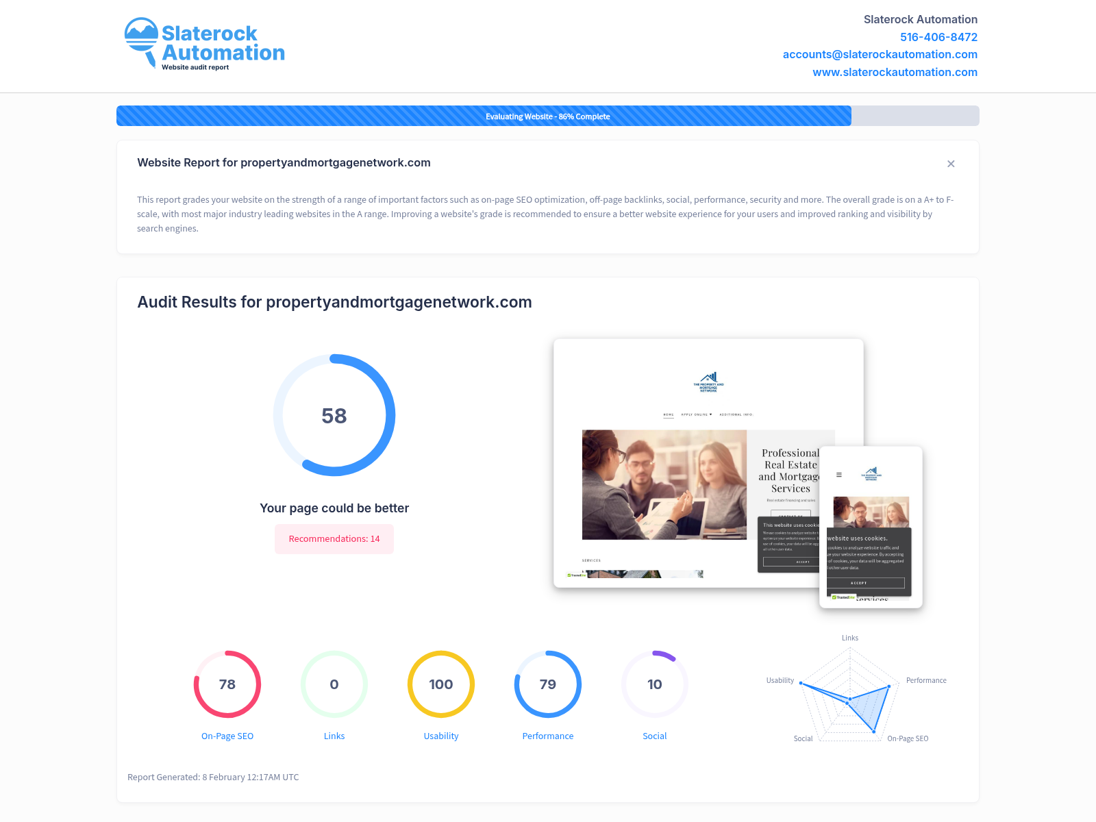 Screenshot of a website audit highlighting the Property and Mortgage Network's services in Sonoma, CA.