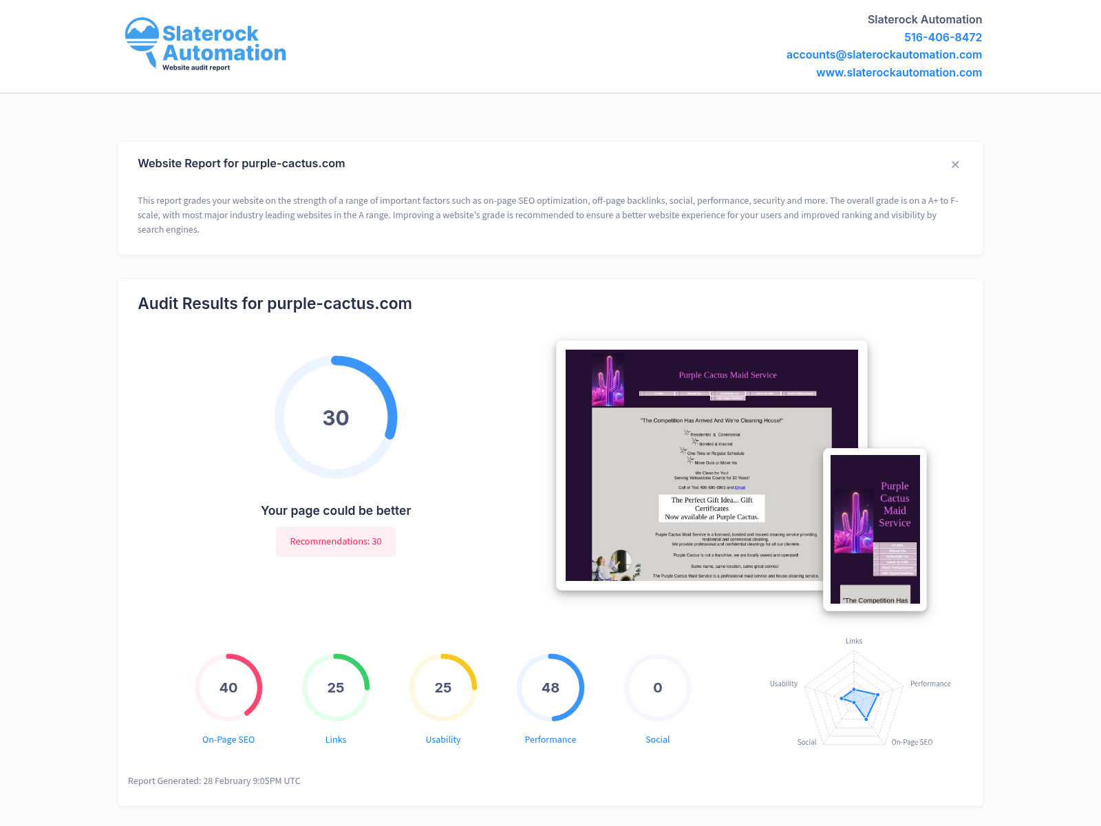 Screenshot of Purple Cactus Maid Service website audit showing strong SEO and performance metrics.