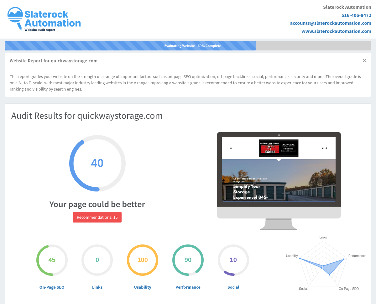 Screenshot of Quickway Self Storage website audit, showcasing security features and customer reviews.
