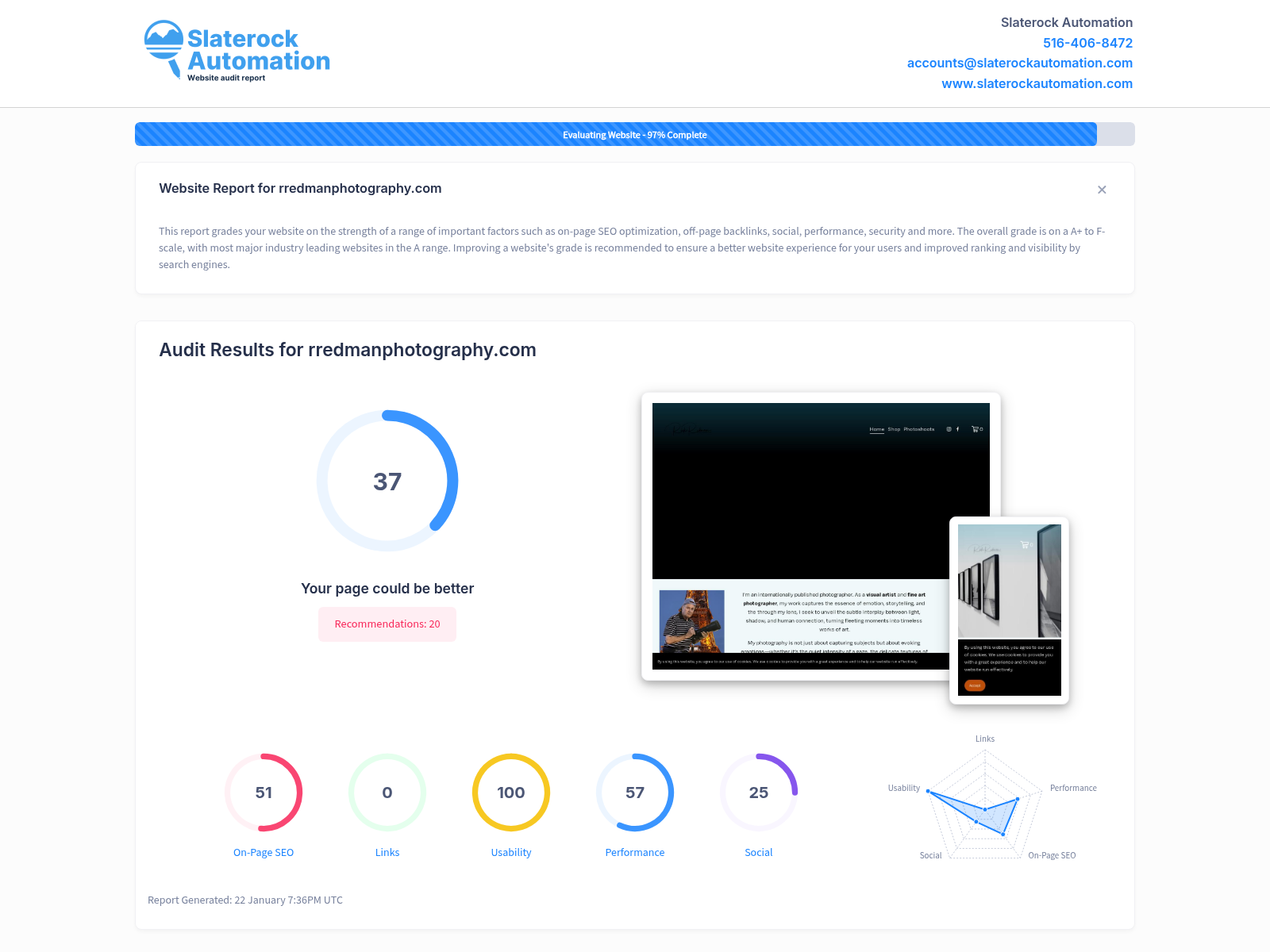 Screenshot of R Redman Photography website audit showcasing SEO insights and performance metrics.