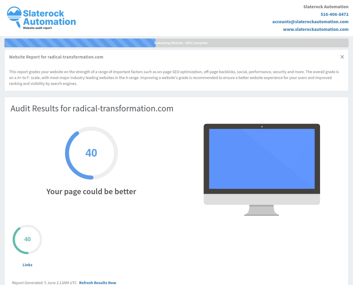 Screenshot of the website audit for Radical Transformation, showcasing key performance metrics and insights.