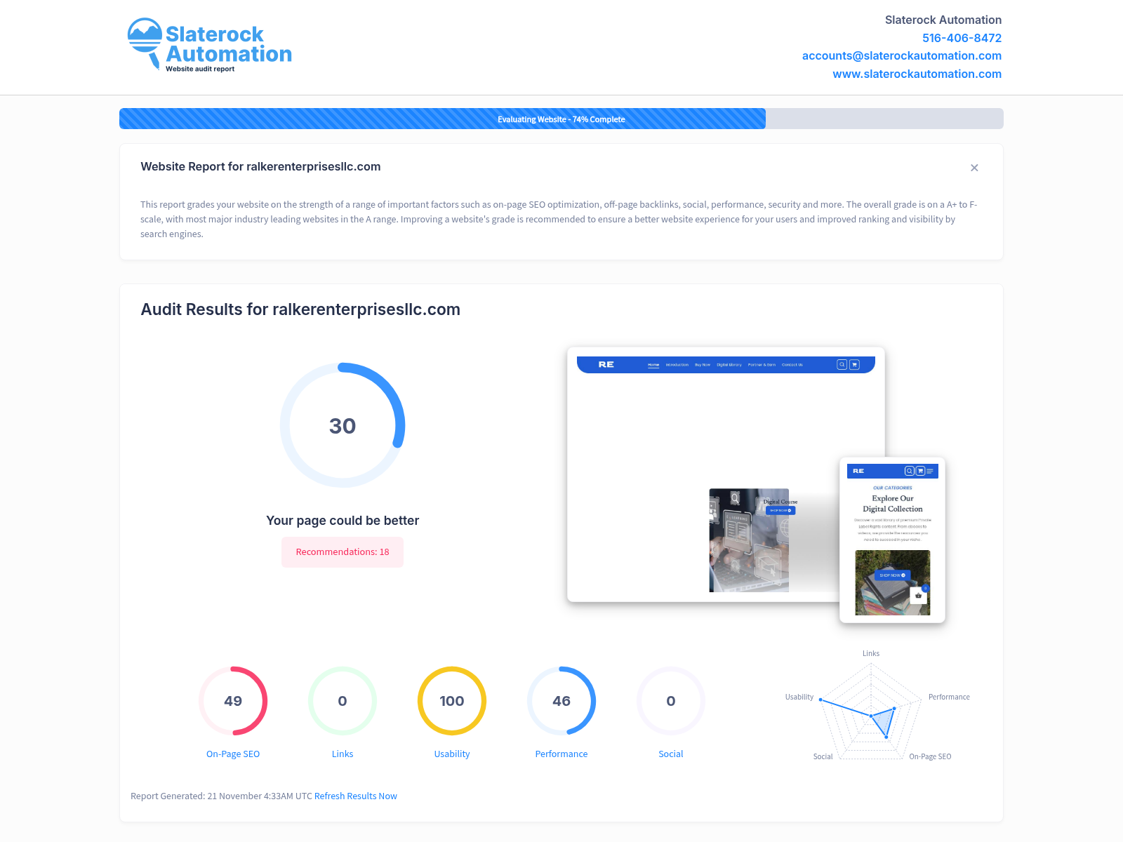 Screenshot of Ralker Enterprises LLC website audit showing strong SEO performance and user-friendly navigation.