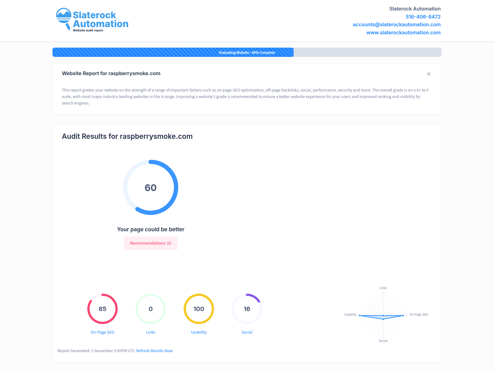 Screenshot showing a website audit of Raspberry Smoke, highlighting strengths in customer satisfaction and product quality.