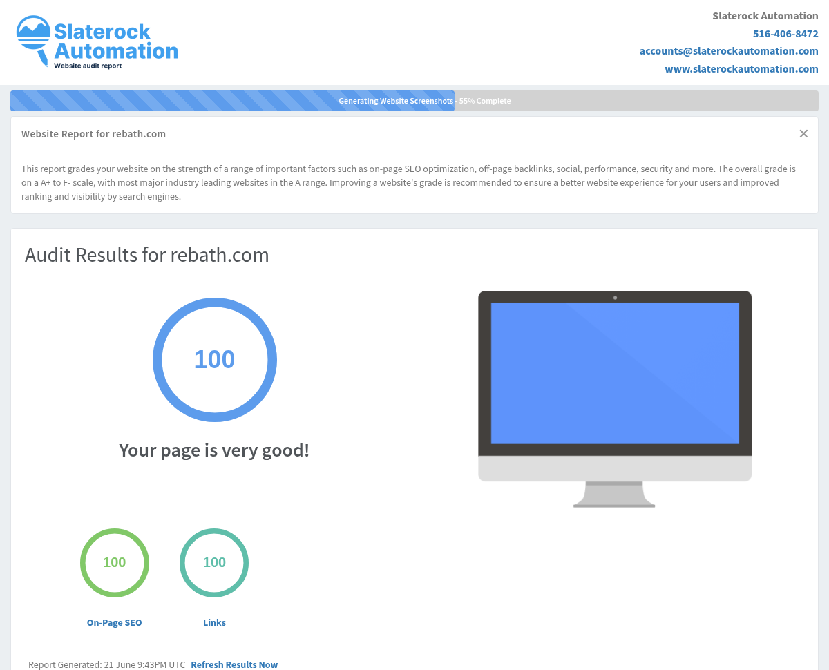 Screenshot of ReBath's website audit showcasing performance metrics and user experience enhancements.
