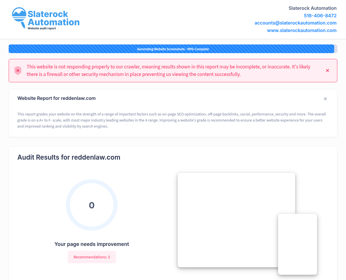 Screenshot of Redden Law website audit, showcasing SEO performance and optimization metrics.
