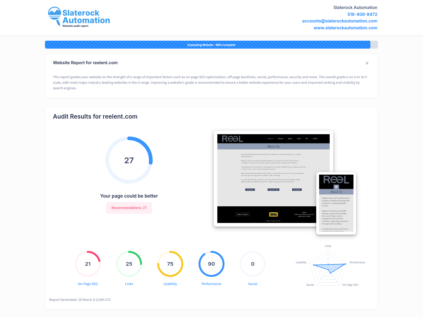 Website audit screenshot showcasing Reelent's innovative strategies in the entertainment industry.