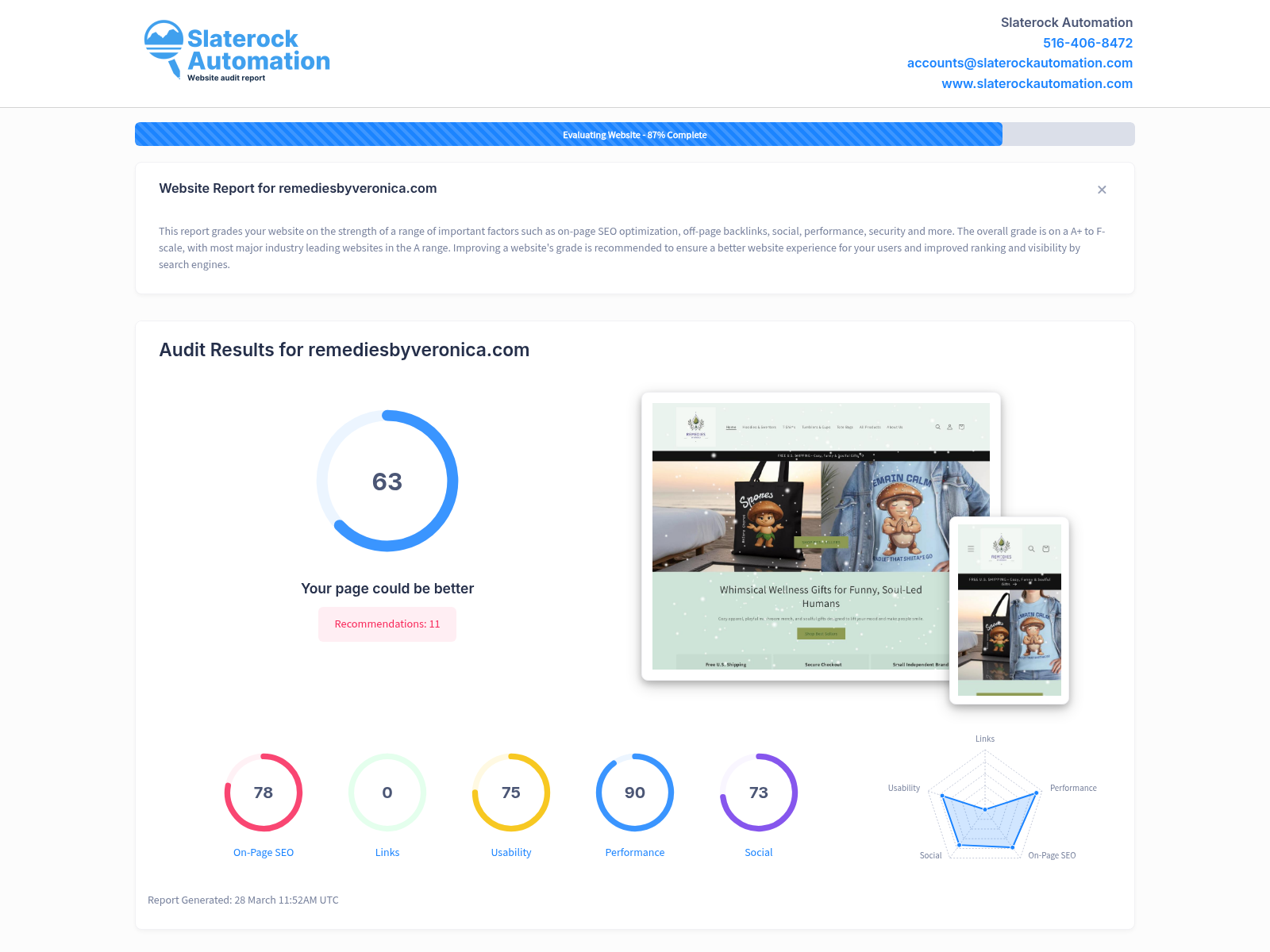 Website audit screenshot showcasing Remedies by Veronica's unique wellness products and vibrant design.