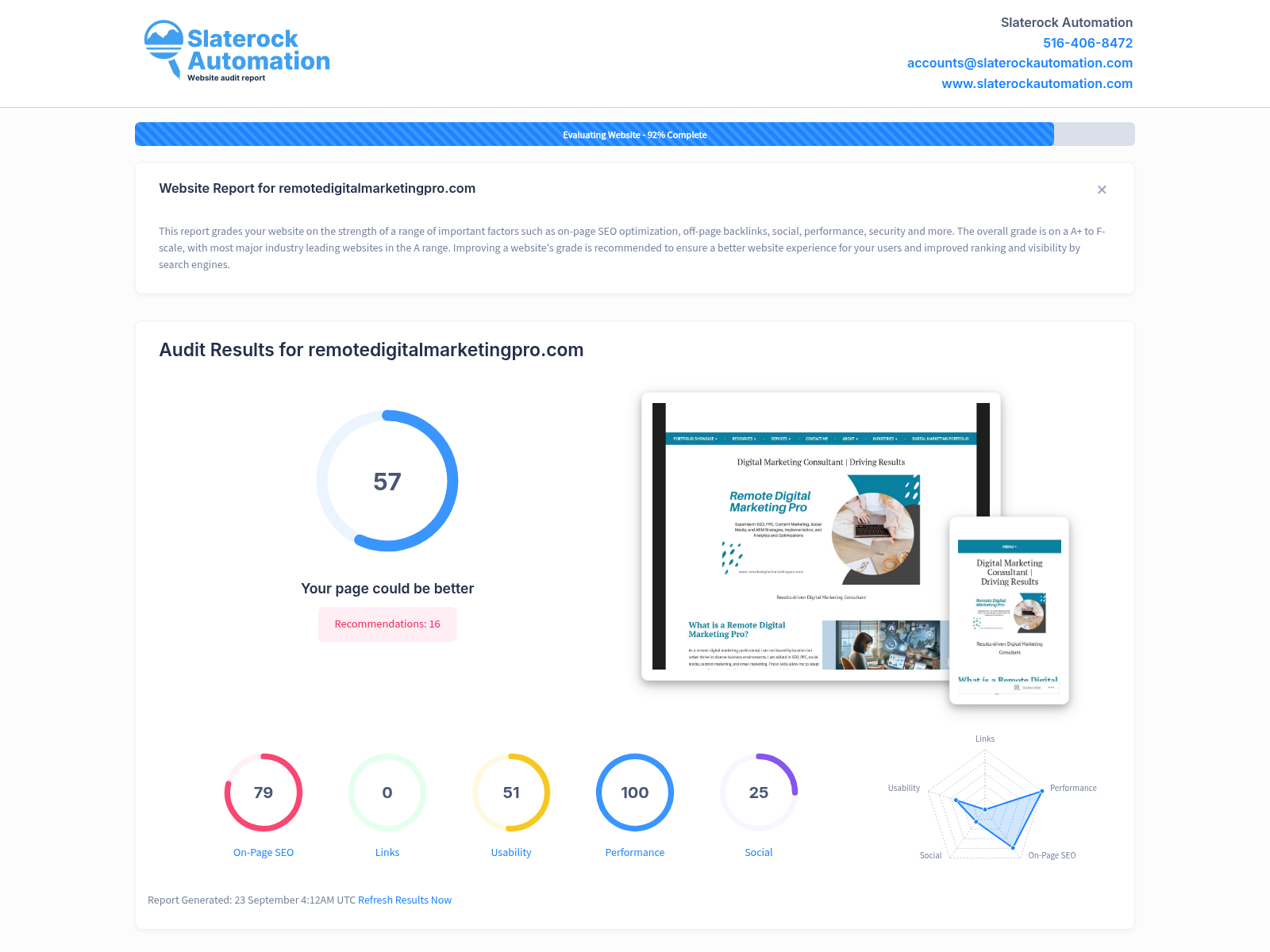 Screenshot of Remote Digital Marketing Pro's website audit detailing SEO and marketing strategy effectiveness.
