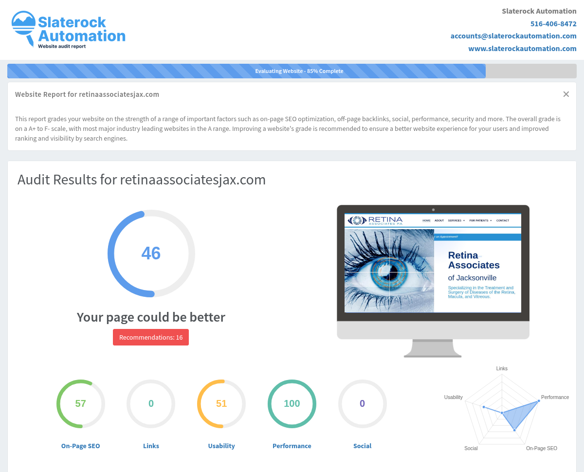 Screenshot of Retina Associates Jax website audit highlighting mobile app features and patient testimonials.