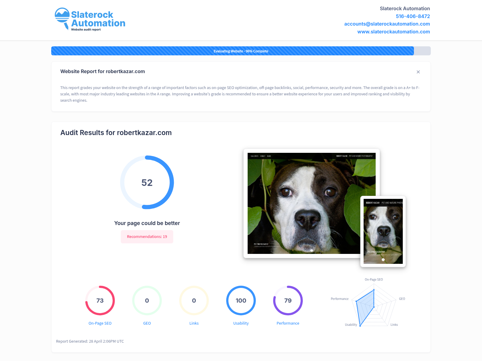 Screenshot of Robert Kazar's website audit showcasing high-quality pet portraiture services.