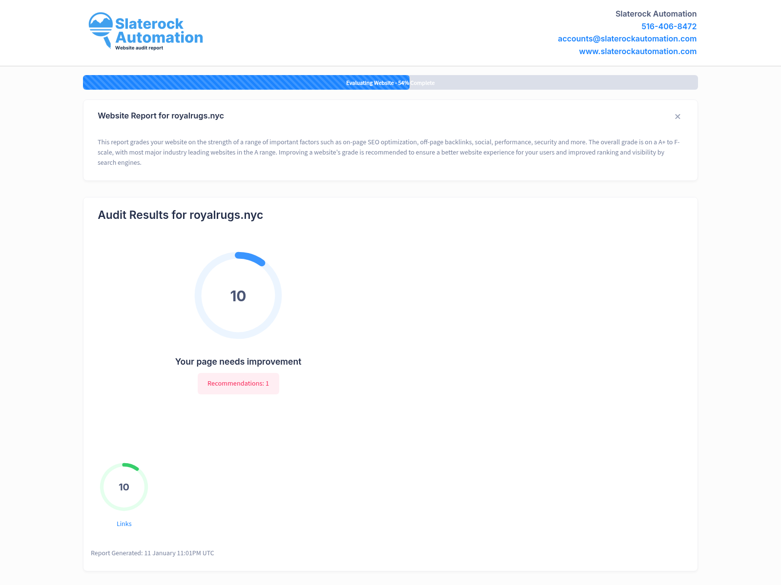 Screenshot showing a detailed website audit for Royal Rugs in Queens, NY, highlighting their quality rugs and excellent customer service.