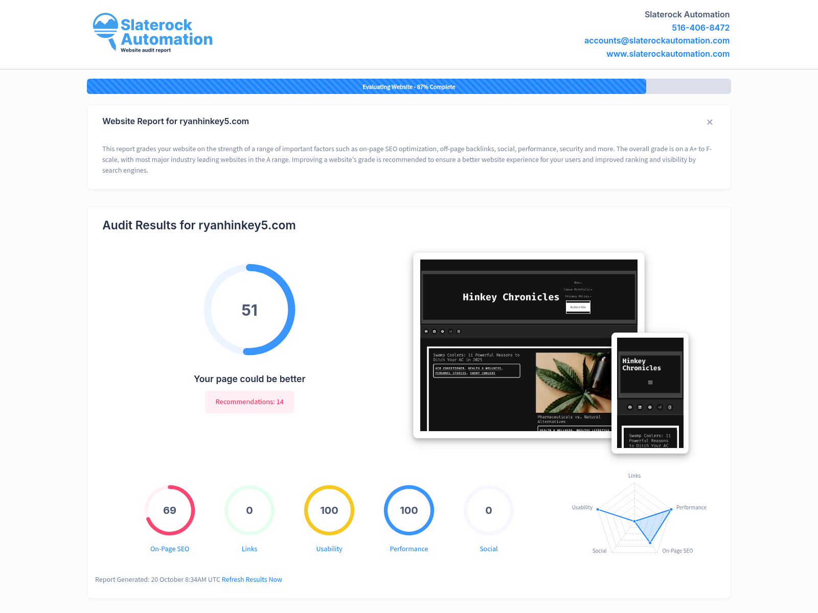 Screenshot showcasing the Ryan Hinkey 5 website's performance audit, highlighting features and user engagement.