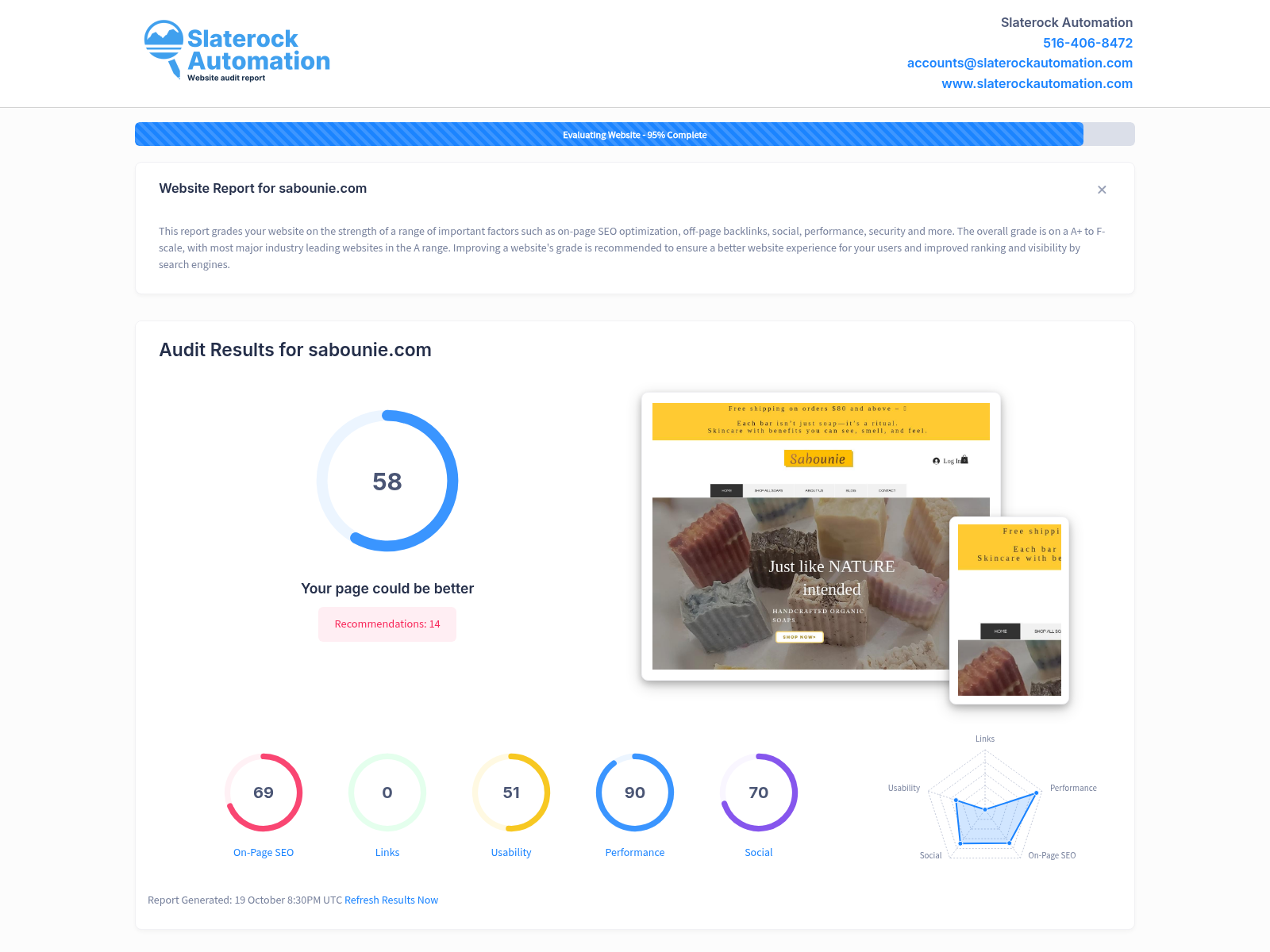 Screenshot of Sabounie's website audit showcasing SEO performance and user engagement metrics.