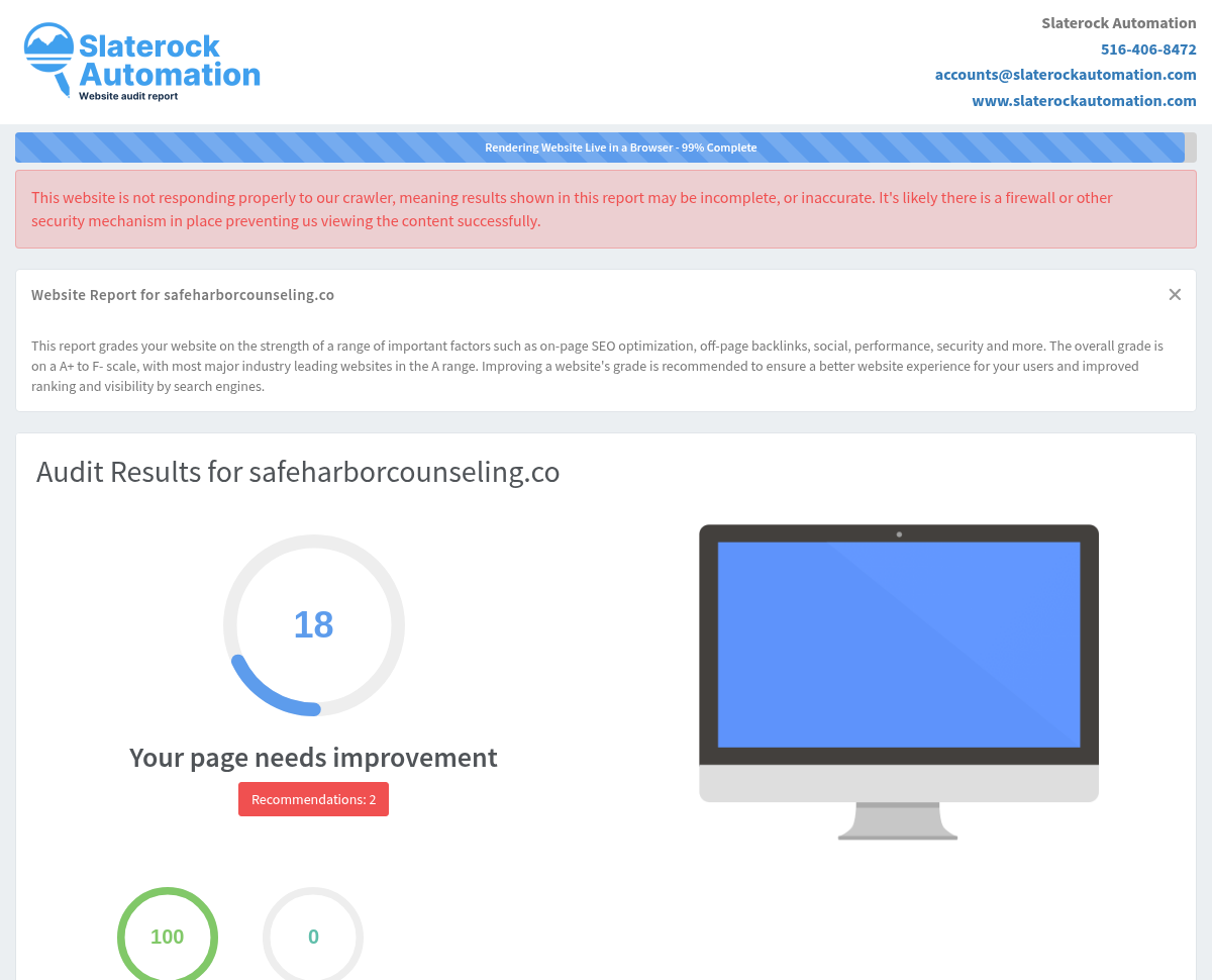 Screenshot of Safe Harbor Counseling website audit showcasing strengths and optimization opportunities.