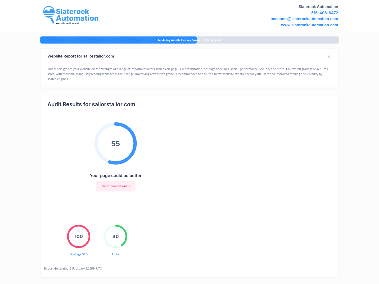 Screenshot of Sailors Tailor website audit showcasing quality and performance metrics.