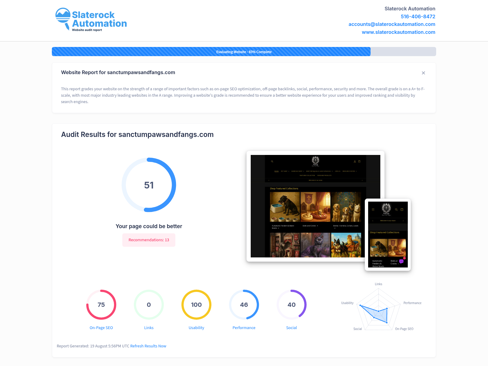Screenshot of Sanctum Paws and Fangs website audit showcasing its performance and optimization metrics.