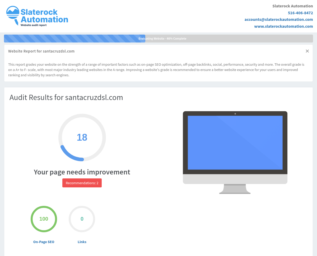 Screenshot of Santa Cruz DSL's website audit showcasing its performance and optimization metrics.
