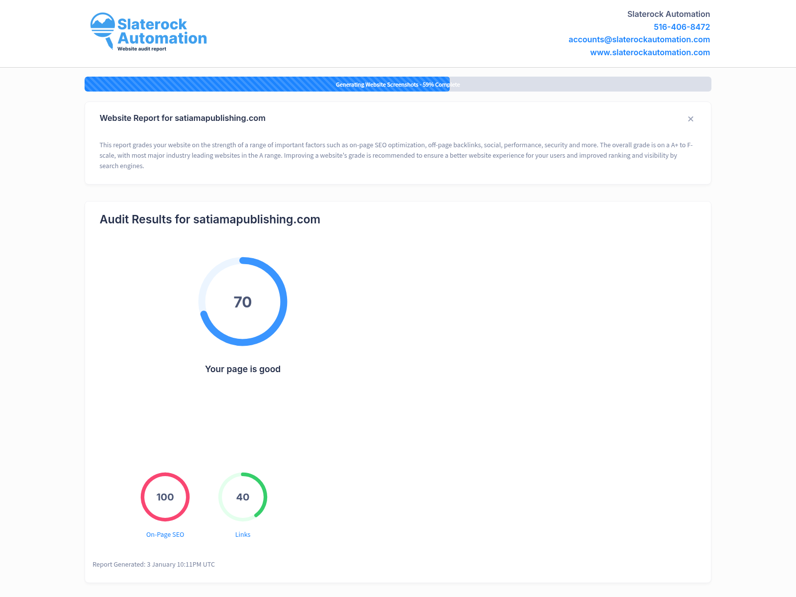 Screenshot of Satiama Publishing's website audit highlighting its focus on mind body spirit content.