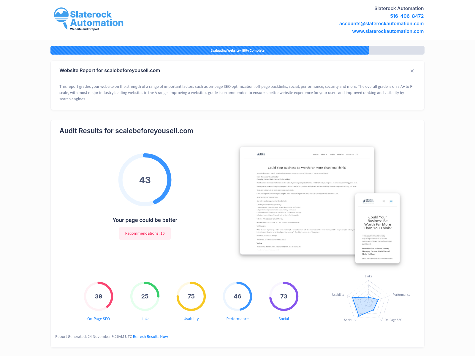 Screenshot of Scale Before You Sell website audit showcasing strategic planning and consulting services.