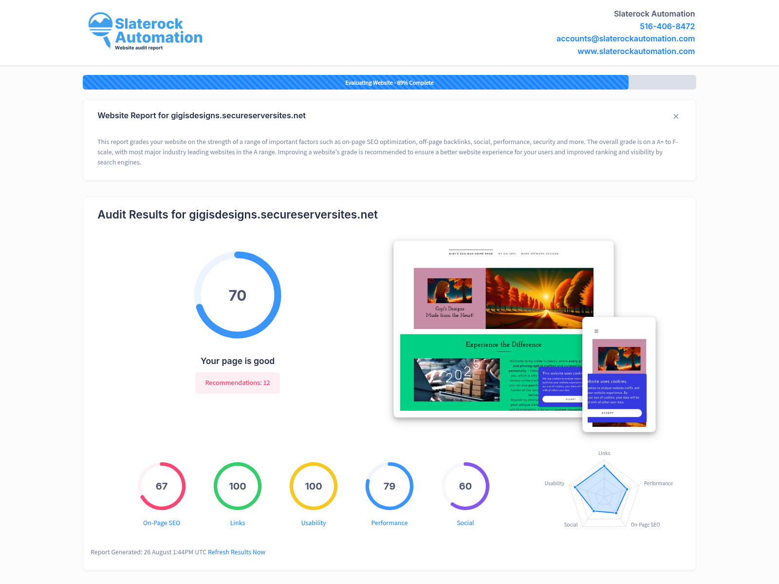Screenshot of Secureserversites website audit showing user-friendly design and product offerings.