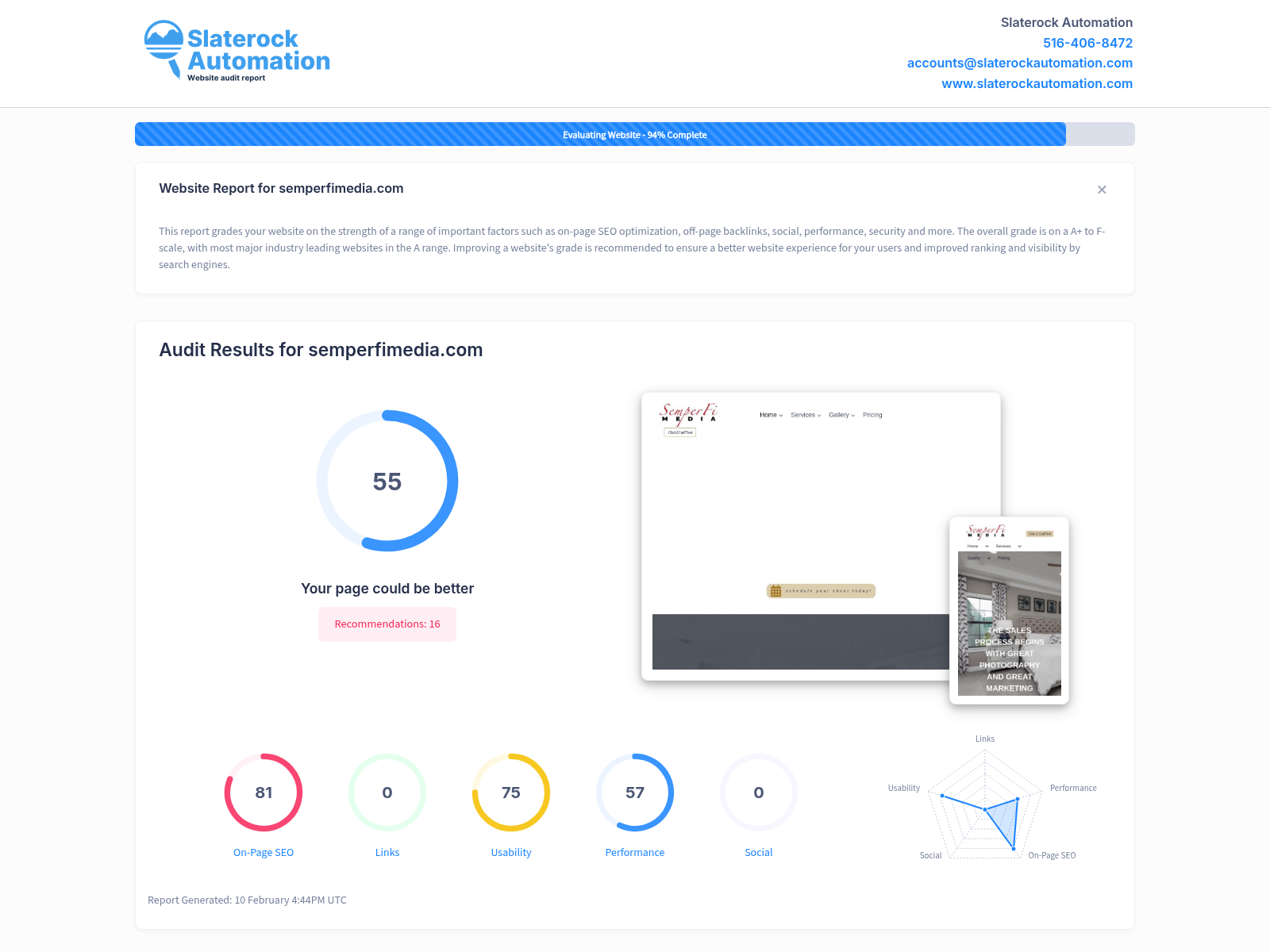 Screenshot of a website audit showcasing Semperfi Media's exceptional performance metrics and positive client reviews.