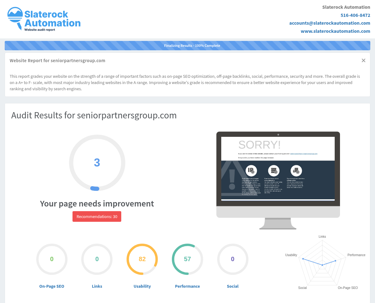 Website audit results for Senior Partners Group showcasing financial planning services for seniors.
