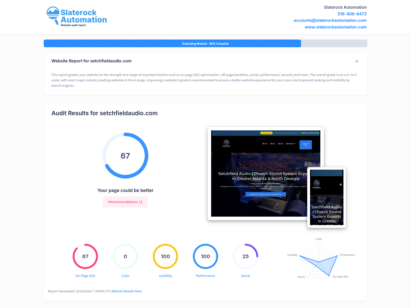 Screenshot of Setchfield Audio website audit showing improved audio solutions for churches.