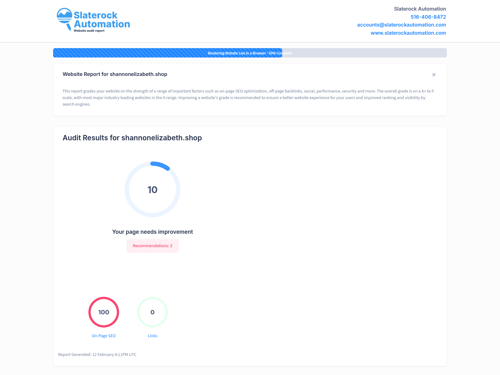 Screenshot of Shannon Elizabeth Shop's website audit highlighting its personalized event planning services.