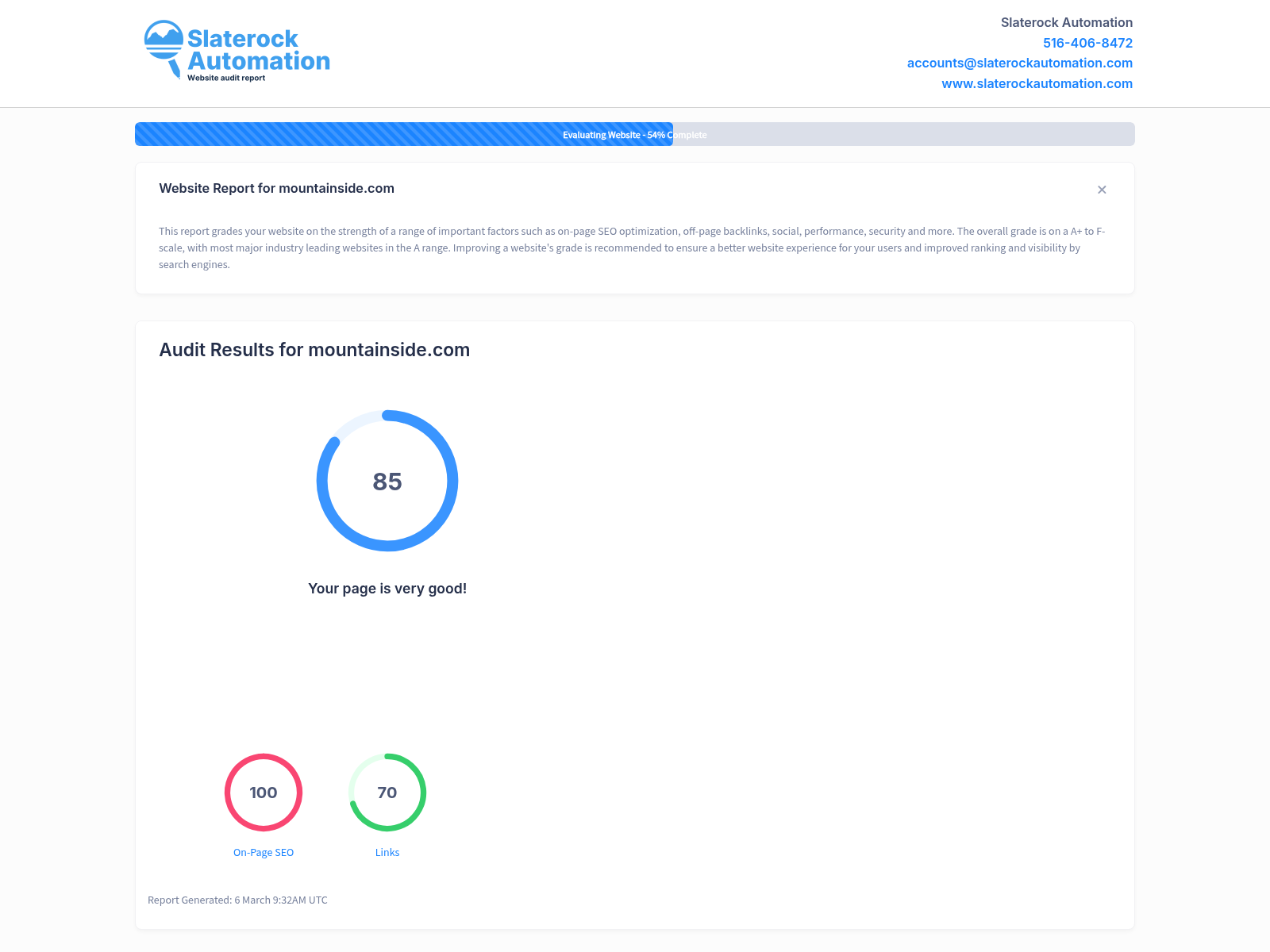 Screenshot of Shop Mountainside website audit highlighting its top-rated customer service and product quality.