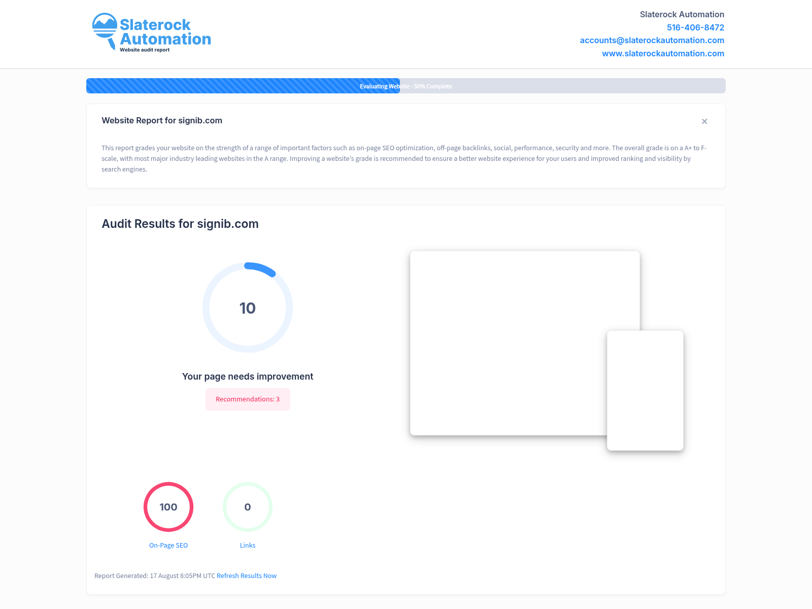 Website audit screenshot showing Signib's insurance services for the Sign, Print & Graphics industries.