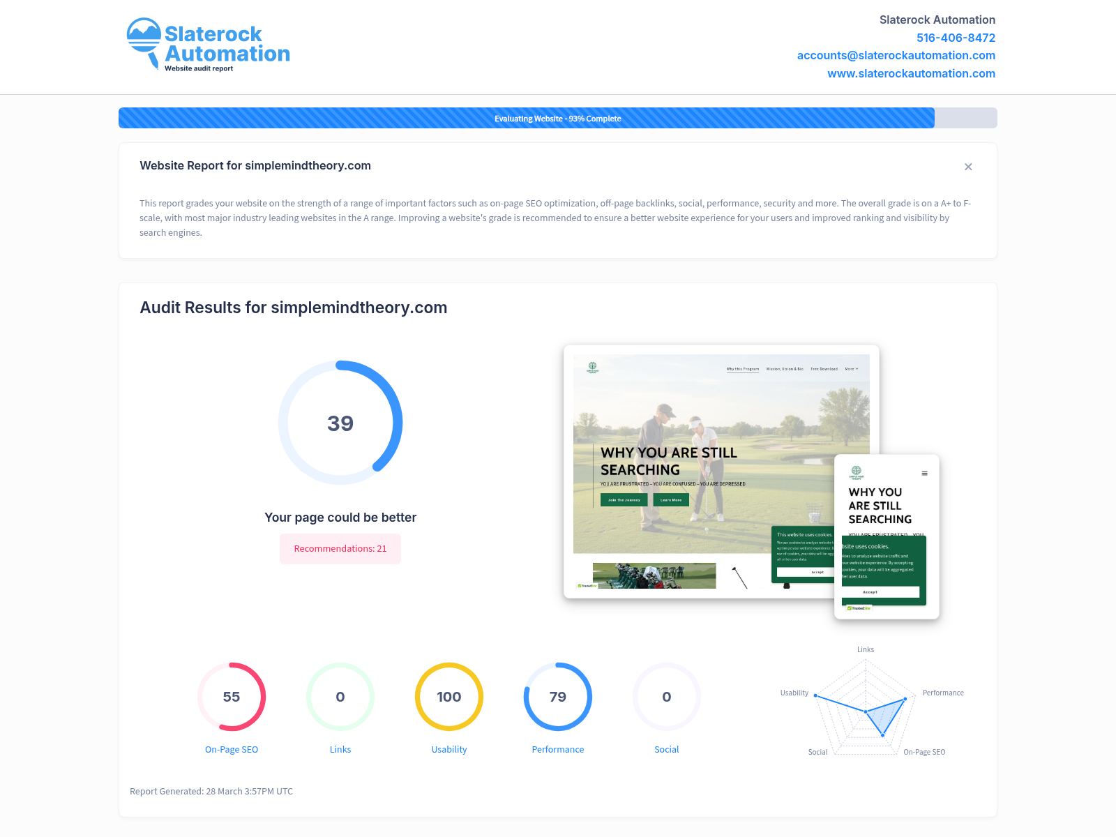 Screenshot showcasing the website audit results for Simple Mind Theory, emphasizing SEO performance and user experience.