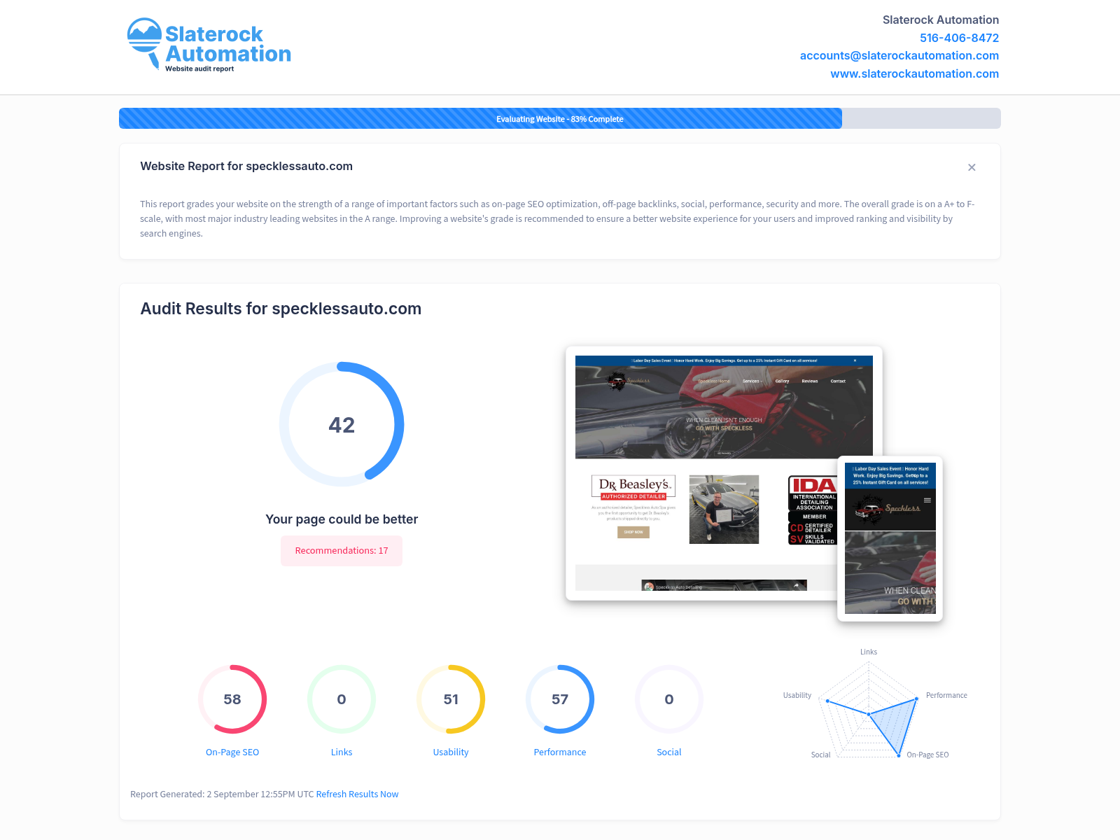 Website audit screenshot showcasing Speckless Auto's premium auto detailing services and package options.
