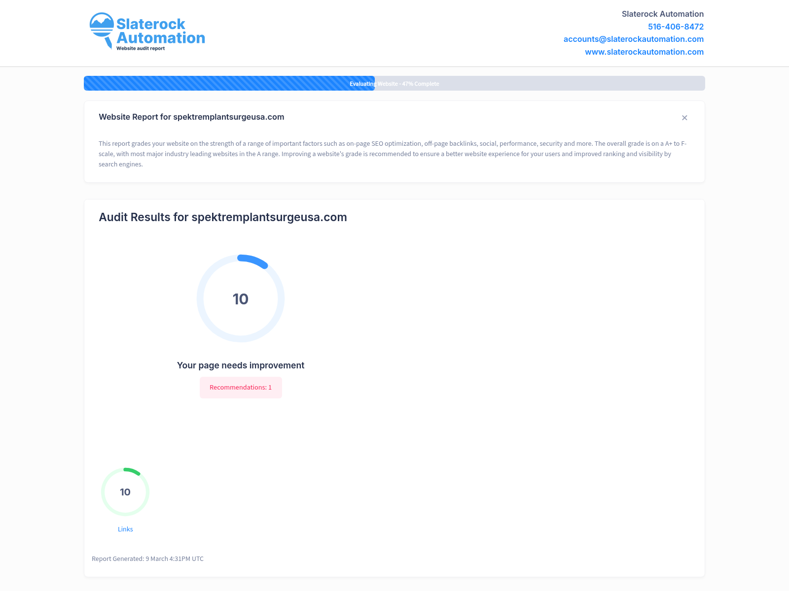 Website audit overview of Spektrem Plant Surge USA highlighting key performance metrics and SEO opportunities.