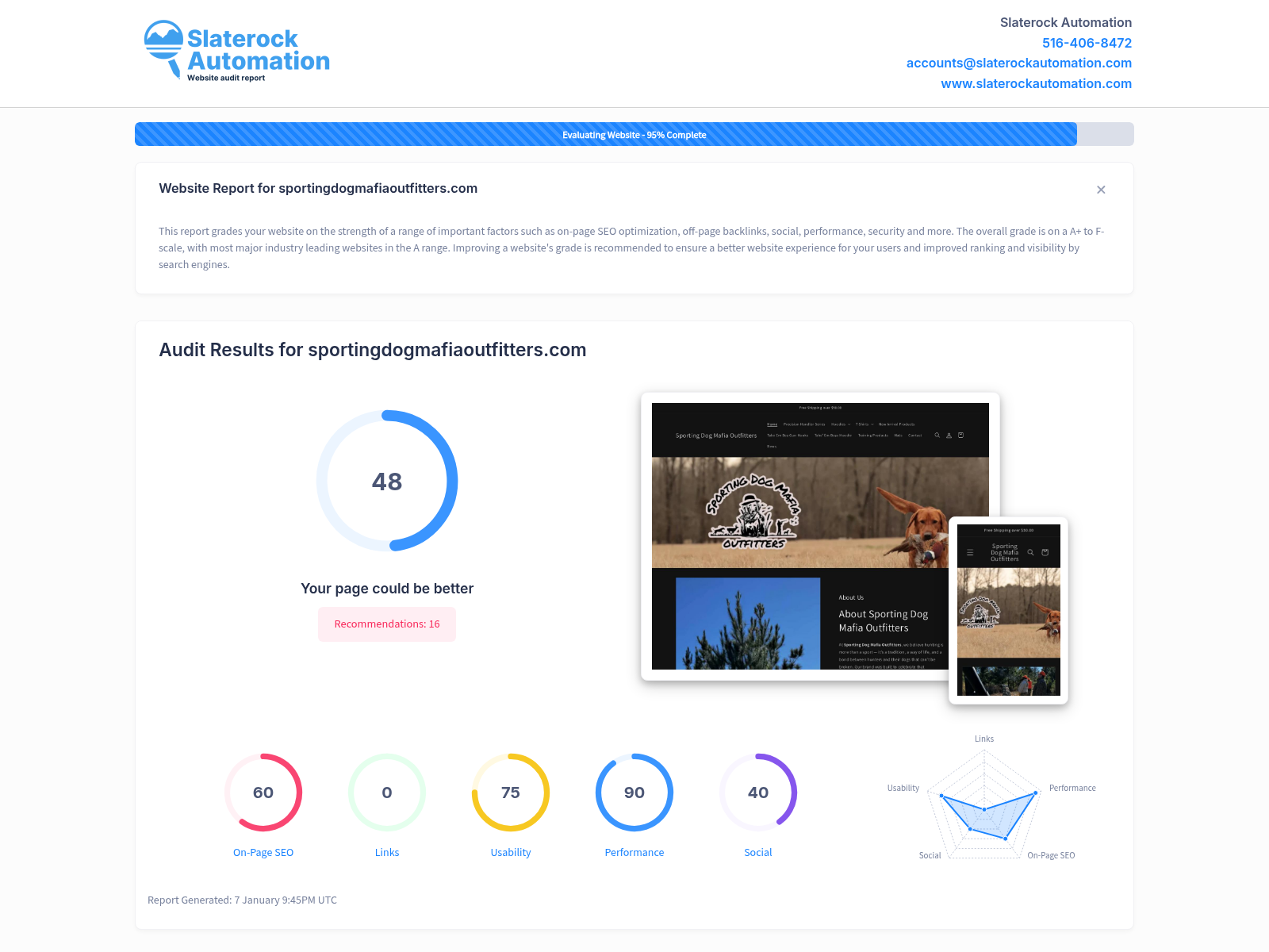 Screenshot of website audit for Sporting Dog Mafia Outfitters, showcasing performance metrics and SEO findings.