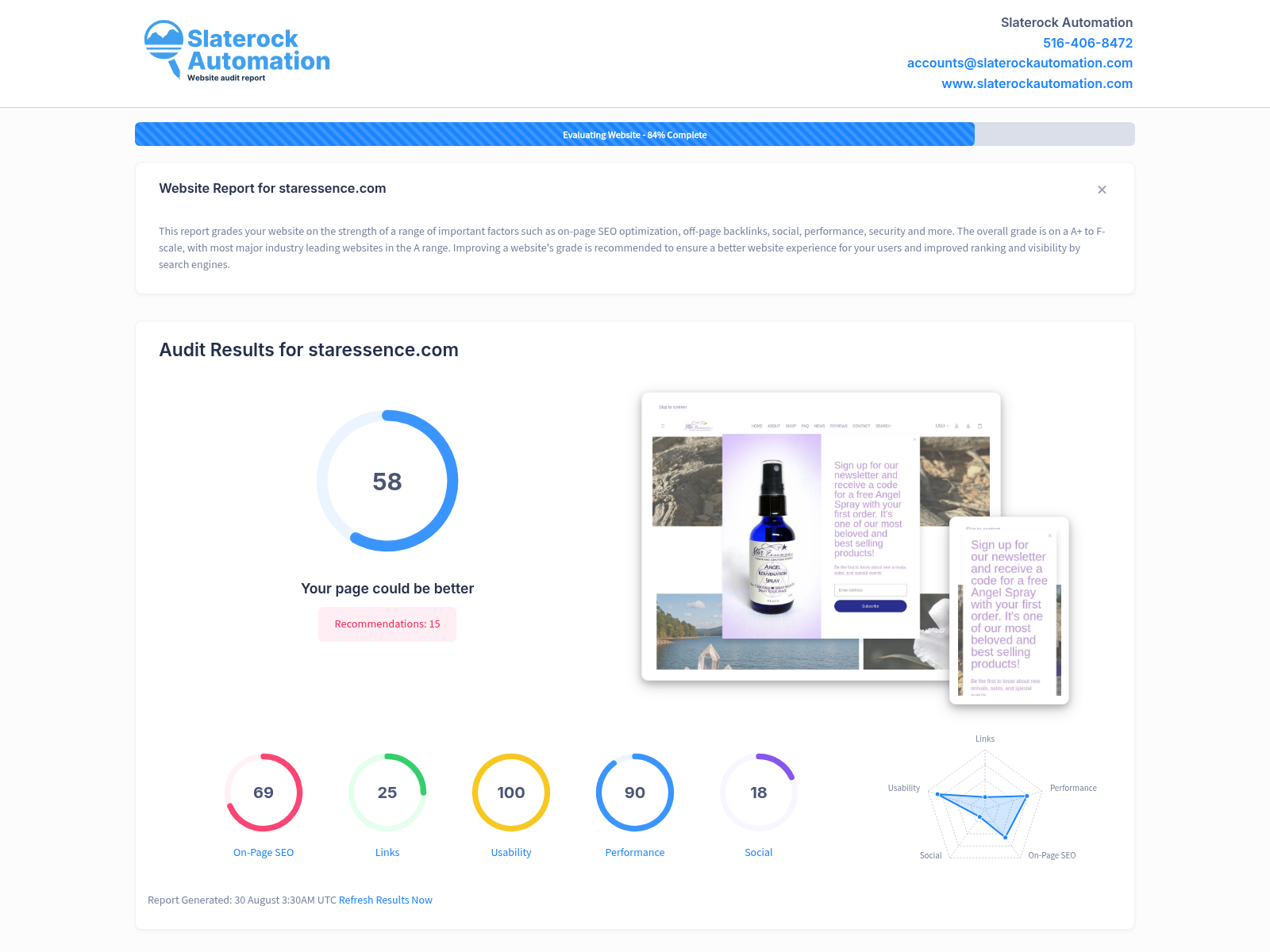 Screenshot of Star Essence website audit showcasing SEO performance and optimization features.