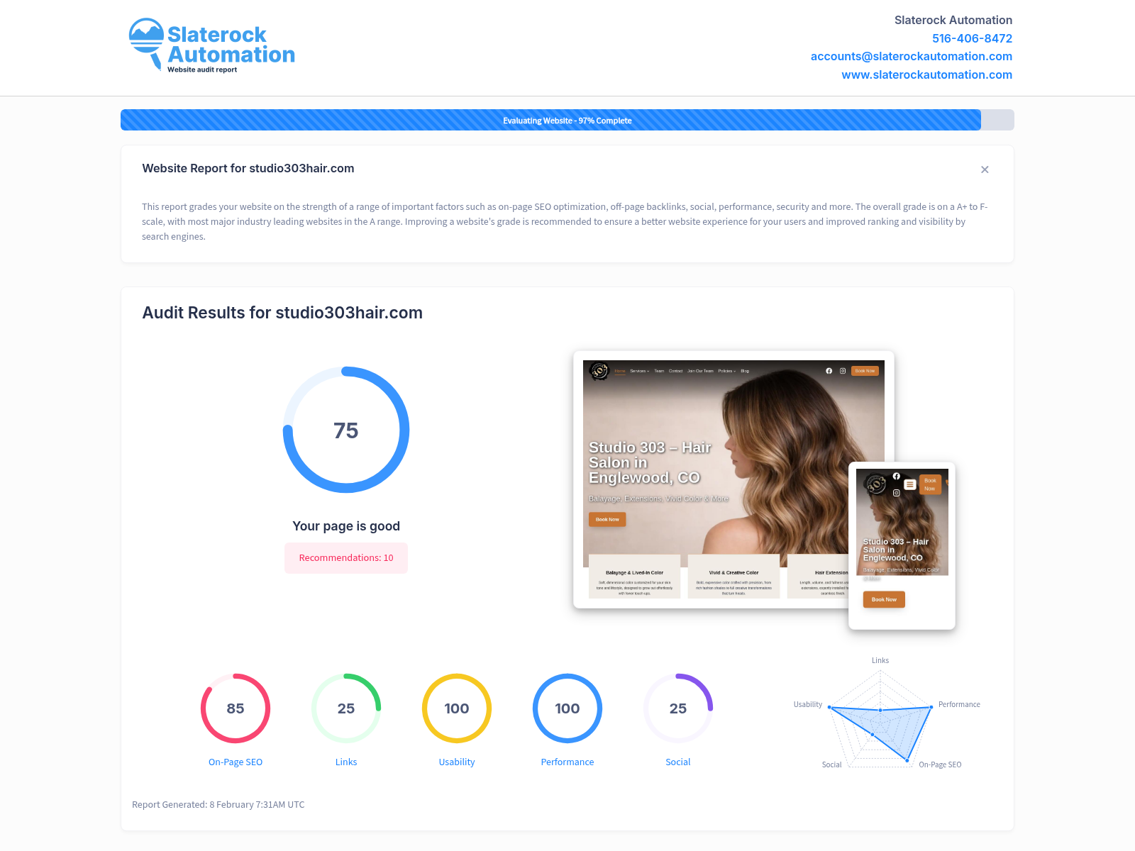 Screenshot showing a website audit of Studio 303 Hair in Arapahoe County, Colorado, highlighting its SEO performance and user engagement.