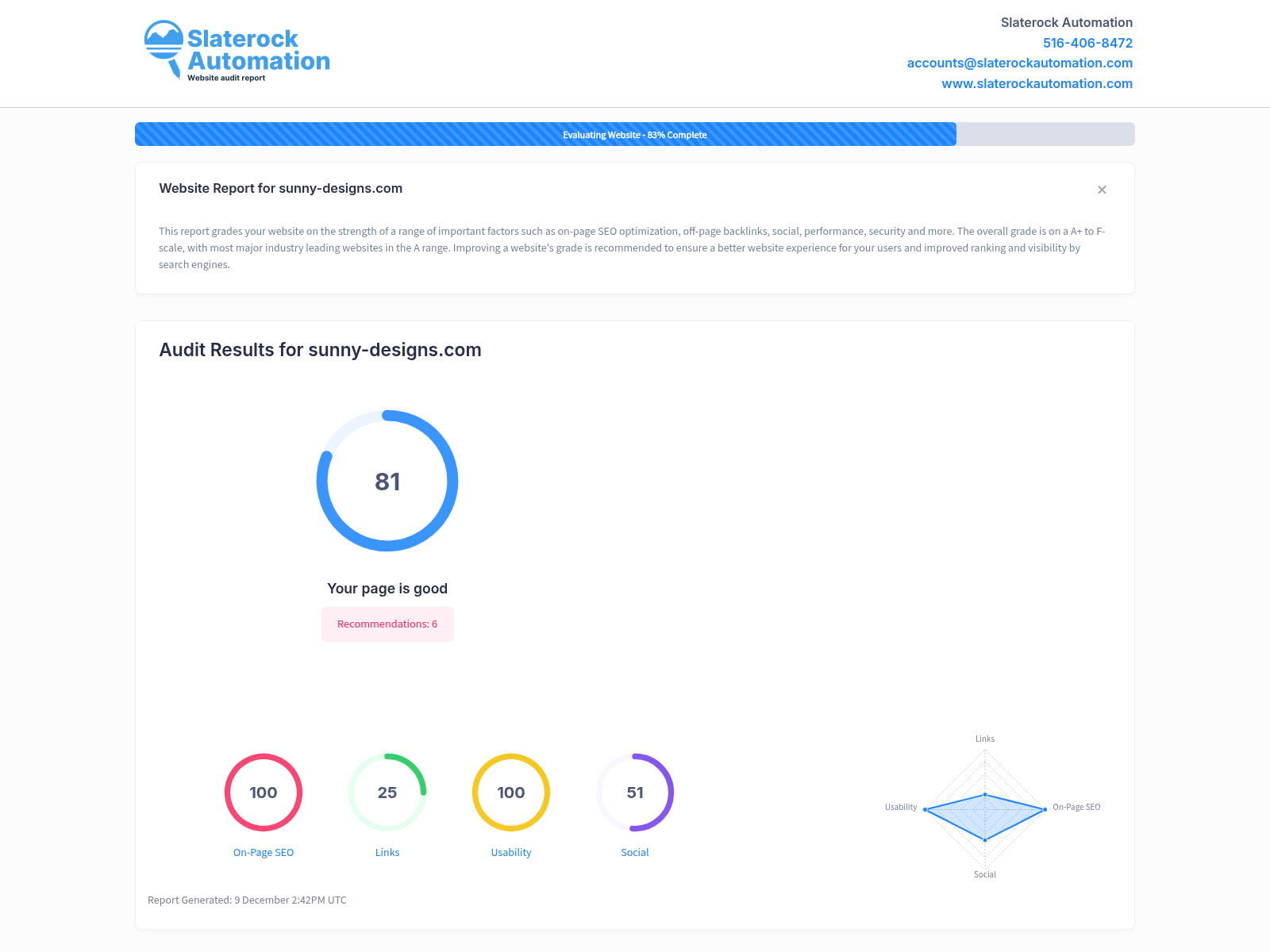 Screenshot of a website audit showcasing Sunny Designs' performance metrics and customer satisfaction ratings.
