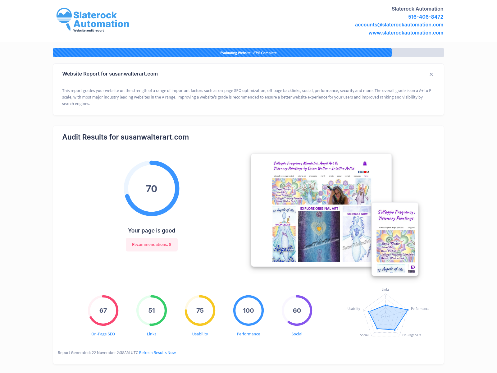 Screenshot of website audit results for Susan Walter Art showcasing SEO performance and optimization strategies.