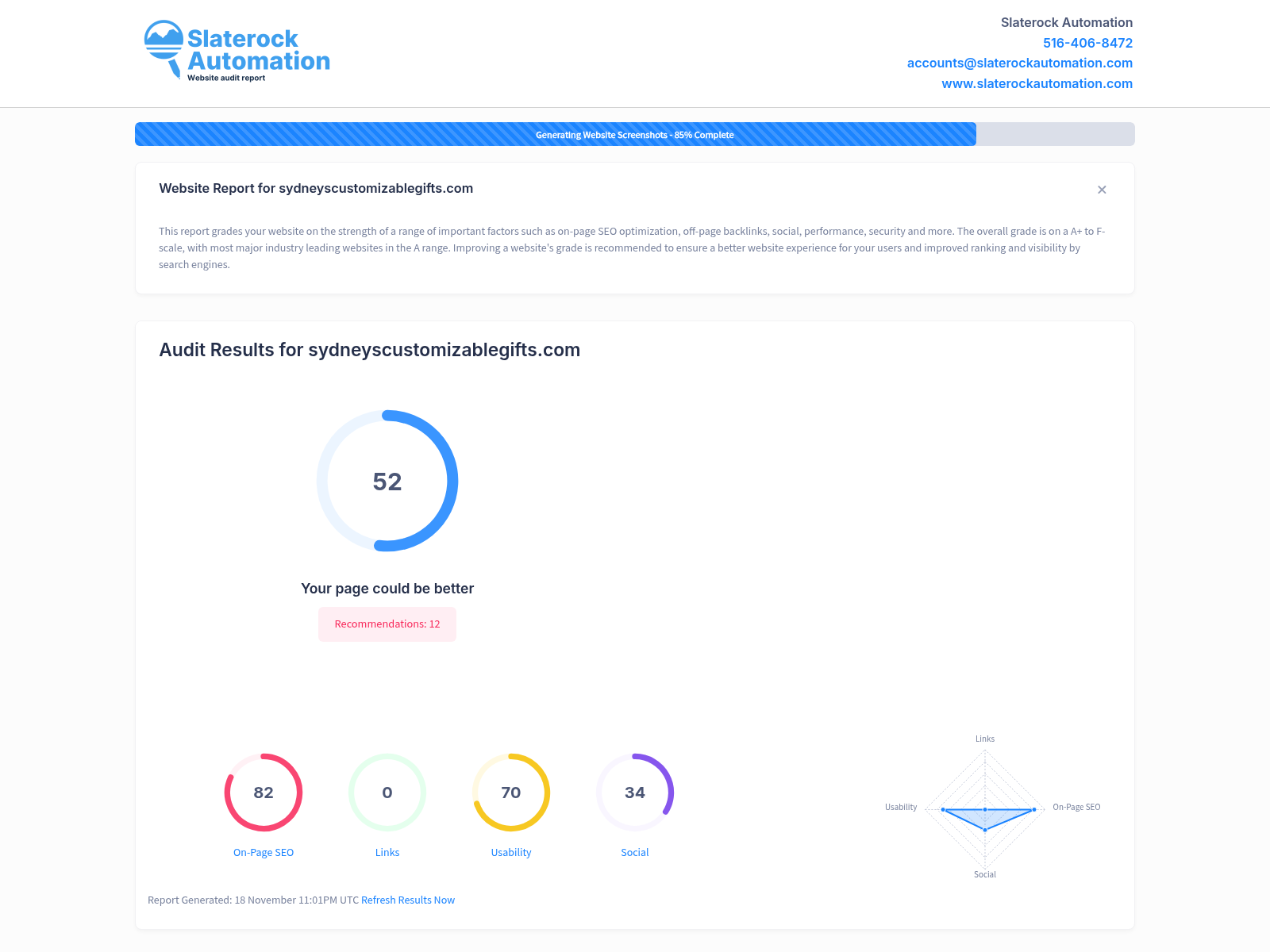 Screenshot of website audit for Sydney's Customizable Gifts highlighting performance and optimization metrics.