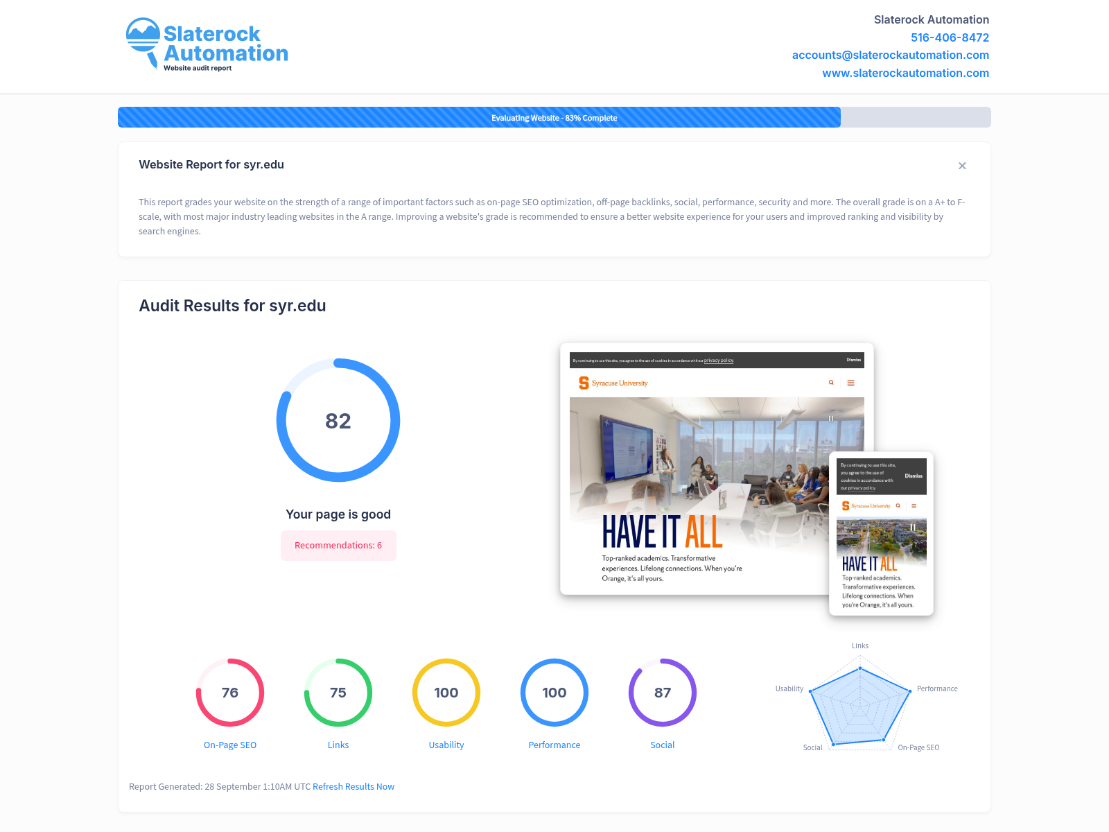 Screenshot of Syracuse University website audit showcasing key performance metrics and SEO insights.
