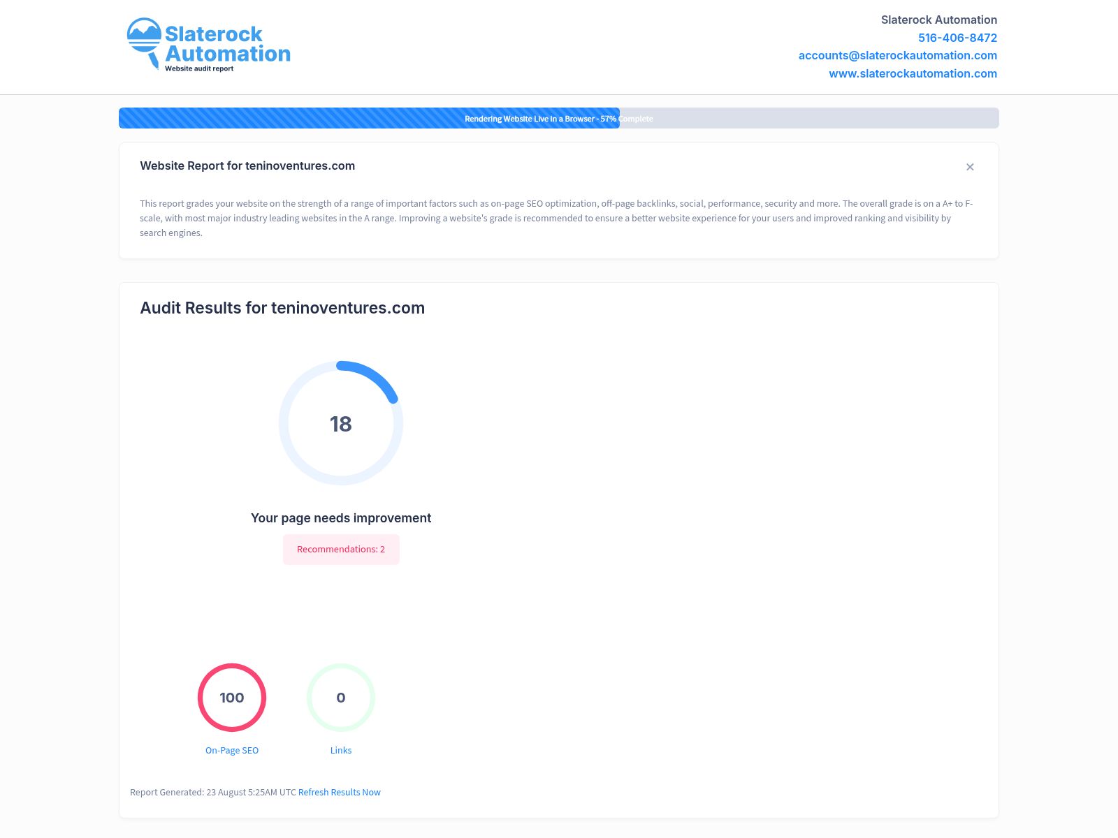 Screenshot of Tenino Ventures website audit showcasing performance metrics and design elements.