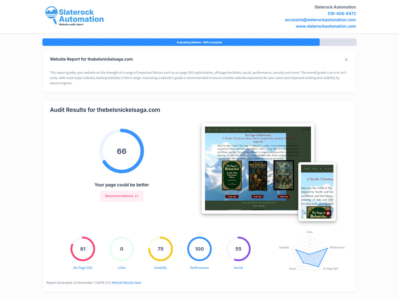 Screenshot of a website audit for The Belsnickel Saga, showcasing its engaging design and content.